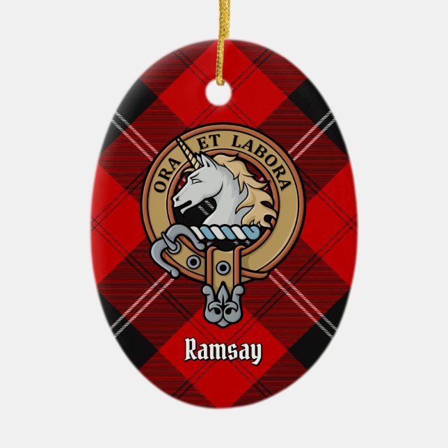 Clan Ramsay Crest over Red Tartan Ceramic Ornament (Front)