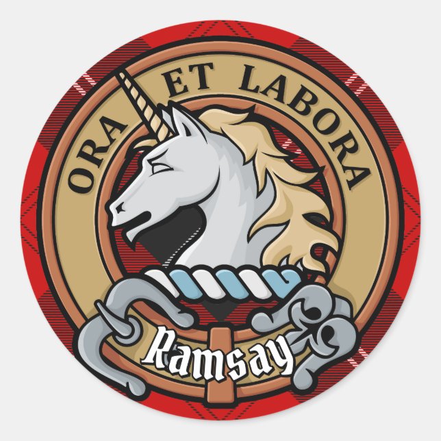 Clan Ramsay Crest over Red Tartan Classic Round Sticker (Front)