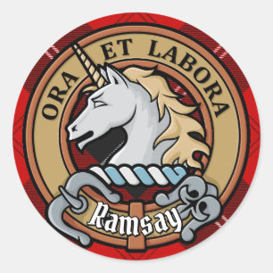 Clan Ramsay Crest over Red Tartan Classic Round Sticker