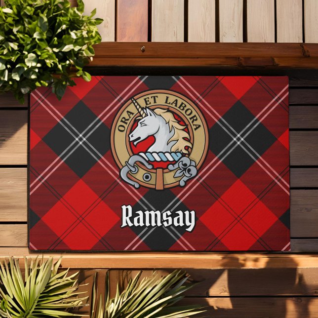 Clan Ramsay Crest over Red Tartan Doormat (Creator Uploaded)