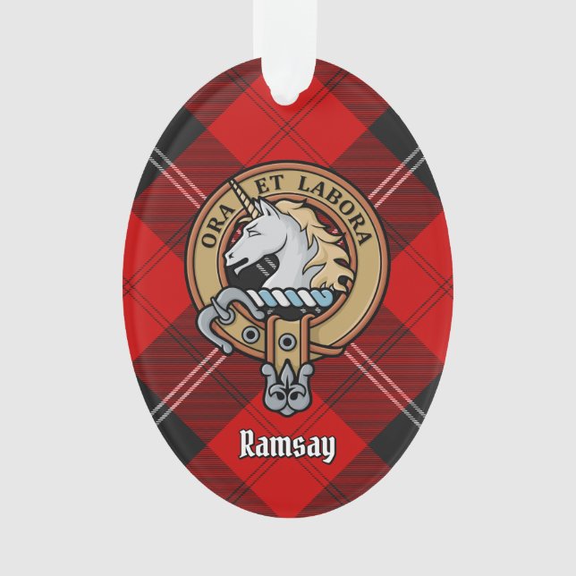 Clan Ramsay Crest over Red Tartan Ornament (Front)