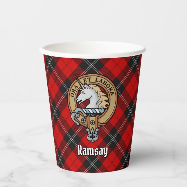 Clan Ramsay Crest over Red Tartan Paper Cups (Front)