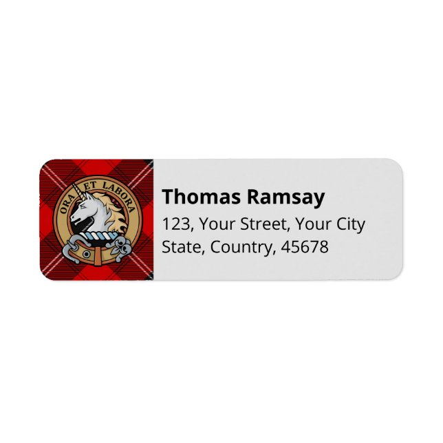 Clan Ramsay Crest over Red Tartan Return Address Label (Front)