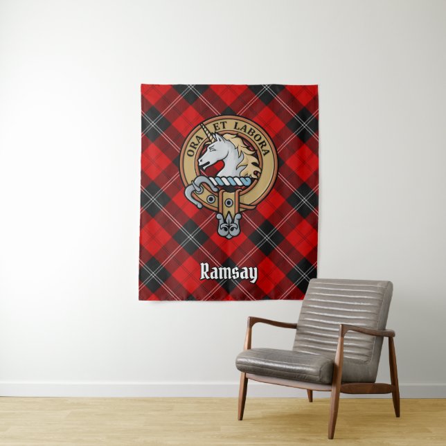 Clan Ramsay Crest over Red Tartan Tapestry (In Situ)
