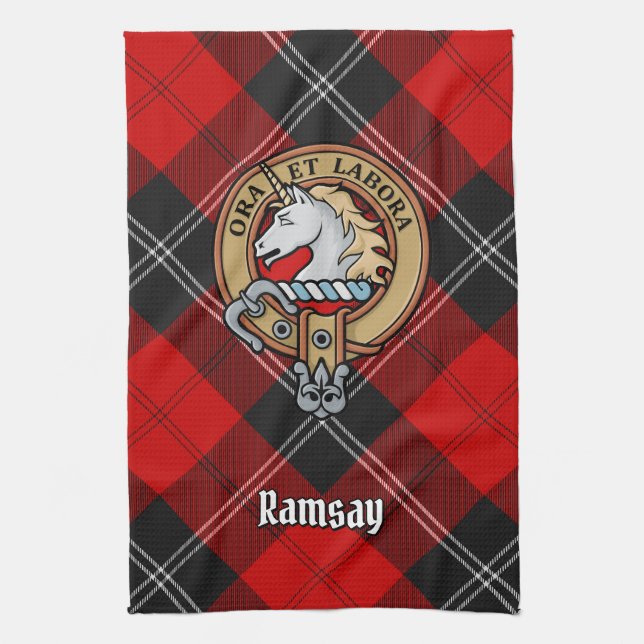 Clan Ramsay Crest over Red Tartan Tea Towel (Vertical)