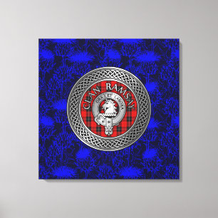 Clan Ramsay Crest & Tartan Knot on Thistle Canvas Print