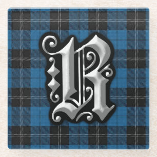 Clan Ramsay Ramsey Letter R Monogram Blue Tartan Glass Coaster