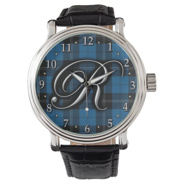 Clan Ramsay Ramsey Letter R Monogram Blue Tartan Watch (Front)