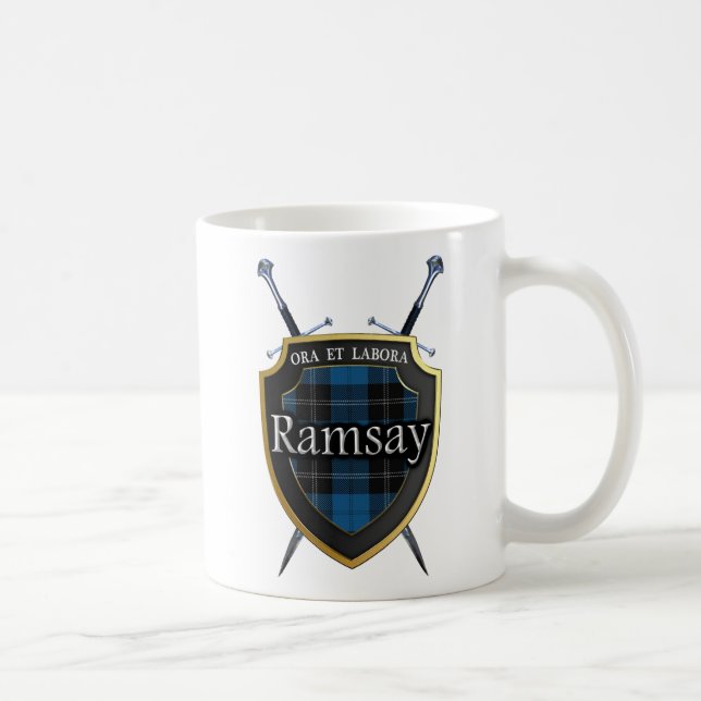 Clan Ramsay Tartan Shield and Swords Coffee Mug (Right)