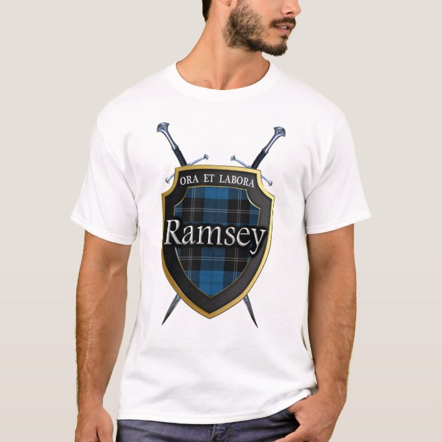 Clan Ramsey Ramsay Tartan Plaid Shield & Swords T-Shirt (Front)