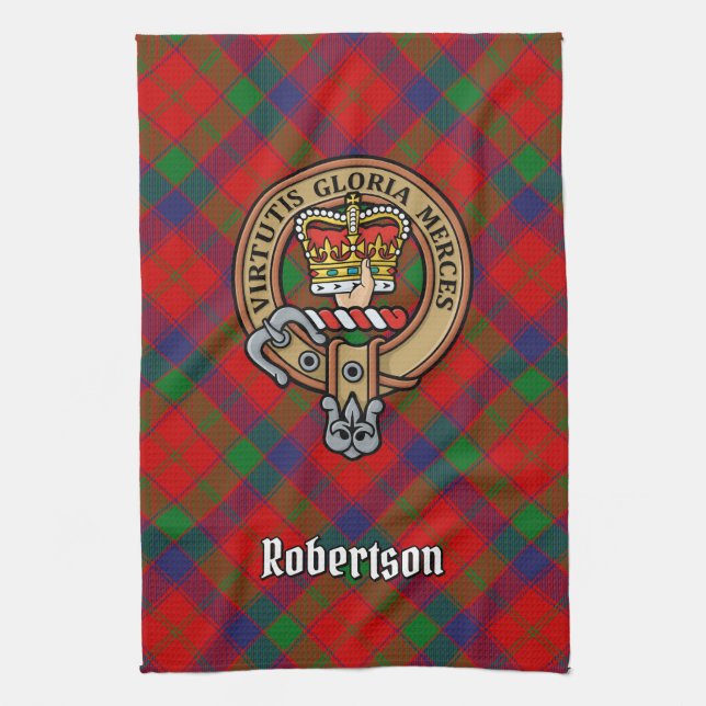 Clan Robertson Crest over Tartan Tea Towel (Vertical)
