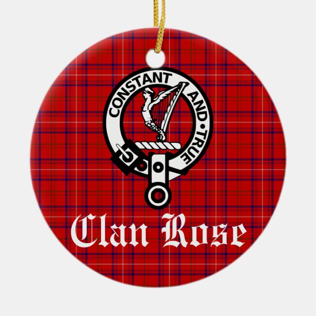 Clan Rose Crest and Tartan Personalised Ceramic Ornament (Front)