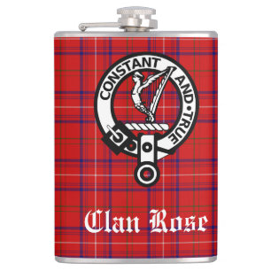 Clan Rose Crest Badge and Tartan Hip Flask