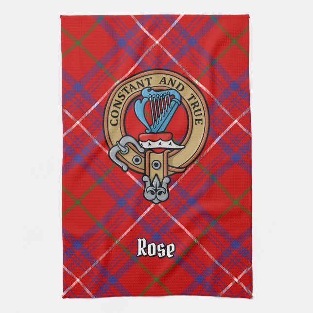 Clan Rose Crest over Tartan Tea Towel (Vertical)