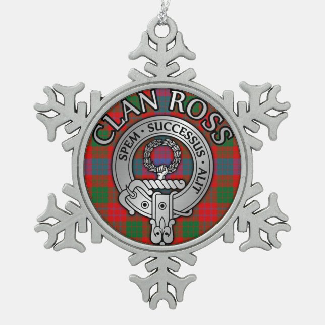Clan Ross Crest & Tartan Knot Snowflake Pewter Christmas Ornament (Front)