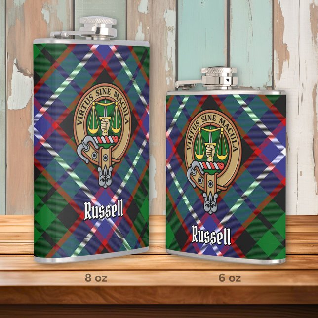 Clan Russell Crest over Tartan Hip Flask (Creator Uploaded)