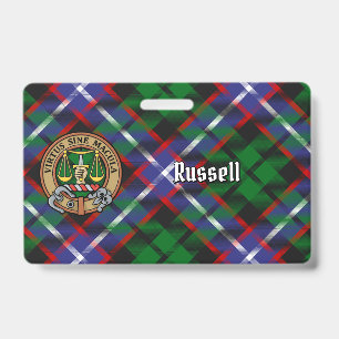 Clan Russell Crest over Tartan ID Badge