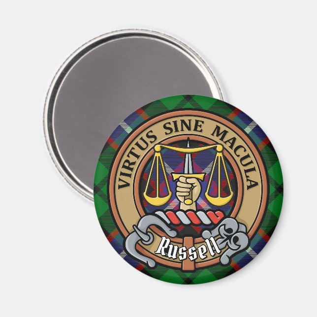 Clan Russell Crest over Tartan Magnet (Front/Back)