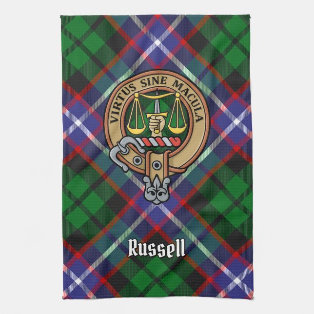 Clan Russell Crest over Tartan Tea Towel (Vertical)