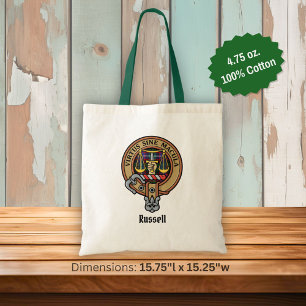 Clan Russell Crest over Tartan Tote Bag