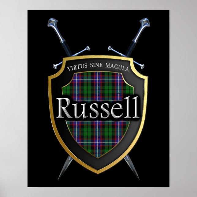 Clan Russell Tartan Shield & Swords Print (Front)
