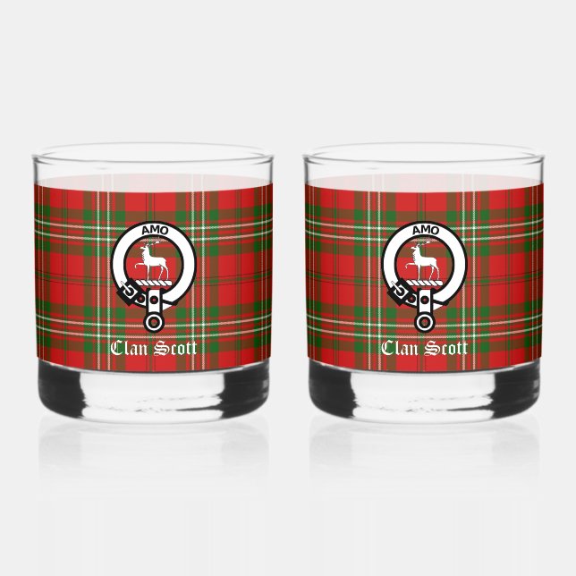 Clan Scott Crest Badge & Tartan Customisable Whiskey Glass (Front)