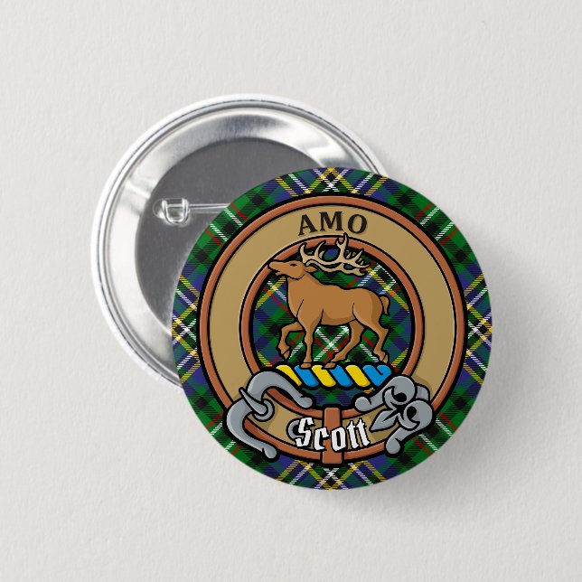 Clan Scott Crest over Green Tartan 6 Cm Round Badge (Front & Back)