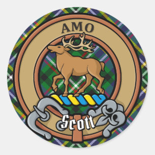 Clan Scott Crest over Green Tartan Classic Round Sticker