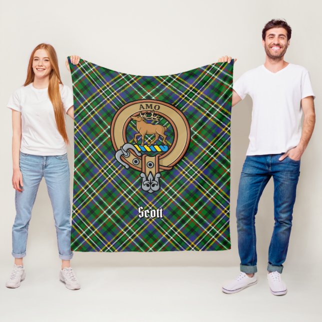 Clan Scott Crest over Green Tartan Fleece Blanket (In Situ)