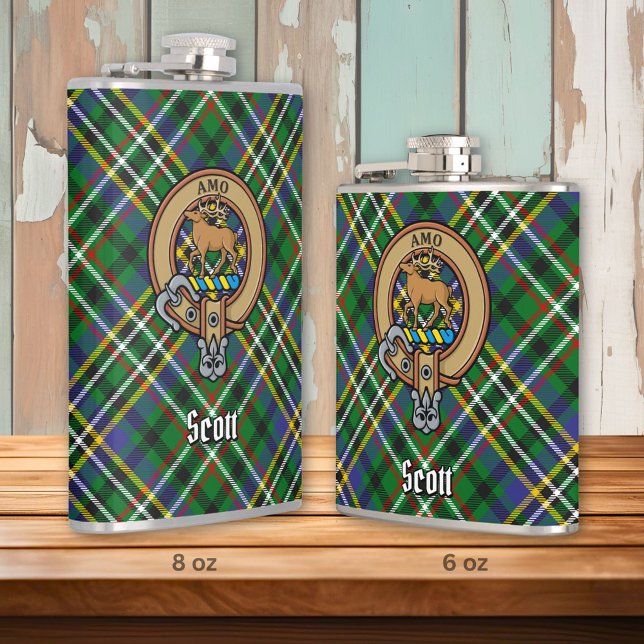 Clan Scott Crest over Green Tartan Hip Flask (Creator Uploaded)
