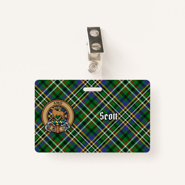 Clan Scott Crest over Green Tartan ID Badge (Front with Clip)