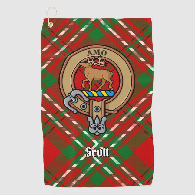 Clan Scott Crest over Red Tartan Golf Towel (Front)