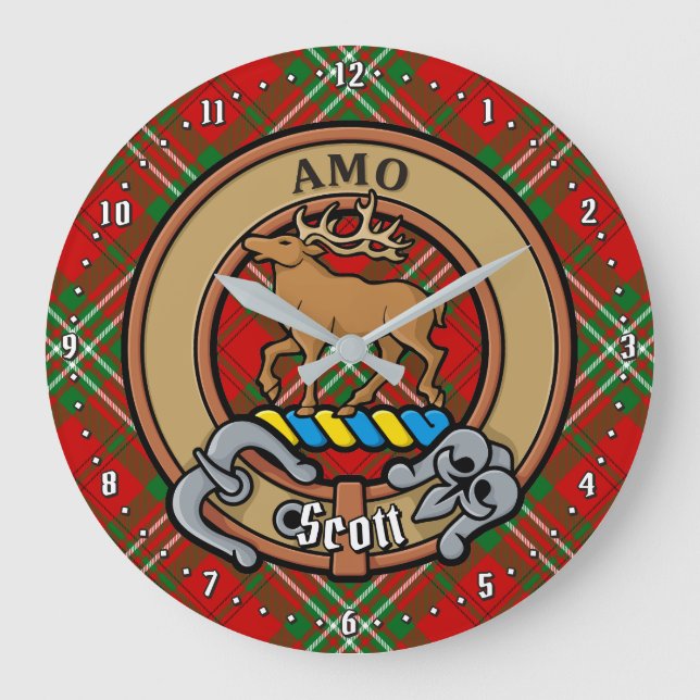 Clan Scott Crest over Red Tartan Large Clock (Front)