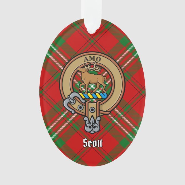 Clan Scott Crest over Red Tartan Ornament (Front)