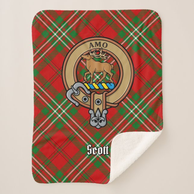 Clan Scott Crest over Red Tartan Sherpa Blanket (Front)