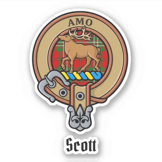 Clan Scott Crest over Red Tartan Sticker (Front)