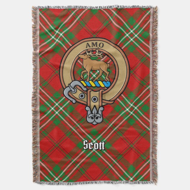 Clan Scott Crest over Red Tartan Throw Blanket (Front Vertical)