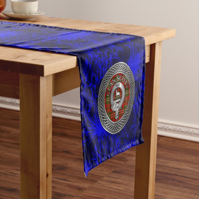Clan Scott Crest & Tartan Knot on Thistle Short Table Runner (In Situ)