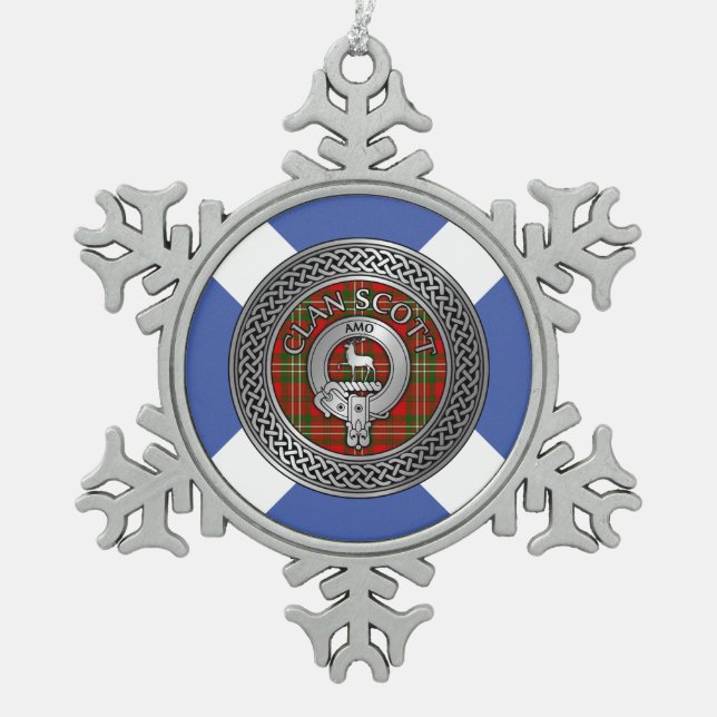 Clan Scott Crest & Tartan Knot Snowflake Pewter Christmas Ornament (Front)
