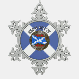 Clan Scott Tartan Knot & Flag Snowflake Pewter Christmas Ornament