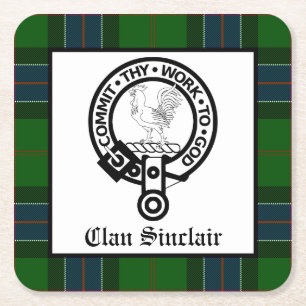 Clan Sinclair Crest Badge and Tartan Square Paper Coaster