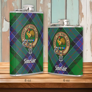 Clan Sinclair Crest over Hunting Tartan Hip Flask
