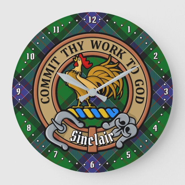 Clan Sinclair Crest over Hunting Tartan Large Clock (Front)