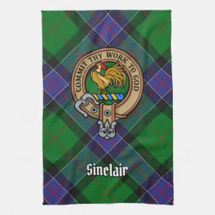 Clan Sinclair Crest over Hunting Tartan Tea Towel