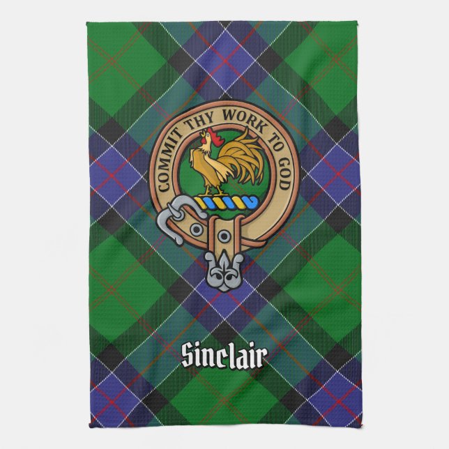 Clan Sinclair Crest over Hunting Tartan Tea Towel (Vertical)