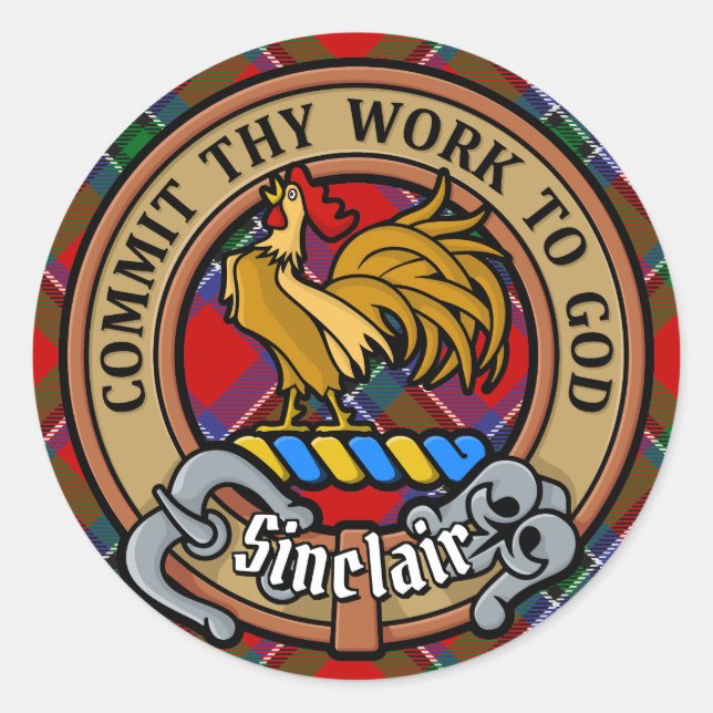 Clan Sinclair Crest over Red Tartan Classic Round Sticker (Front)
