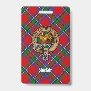Clan Sinclair Crest over Red Tartan ID Badge