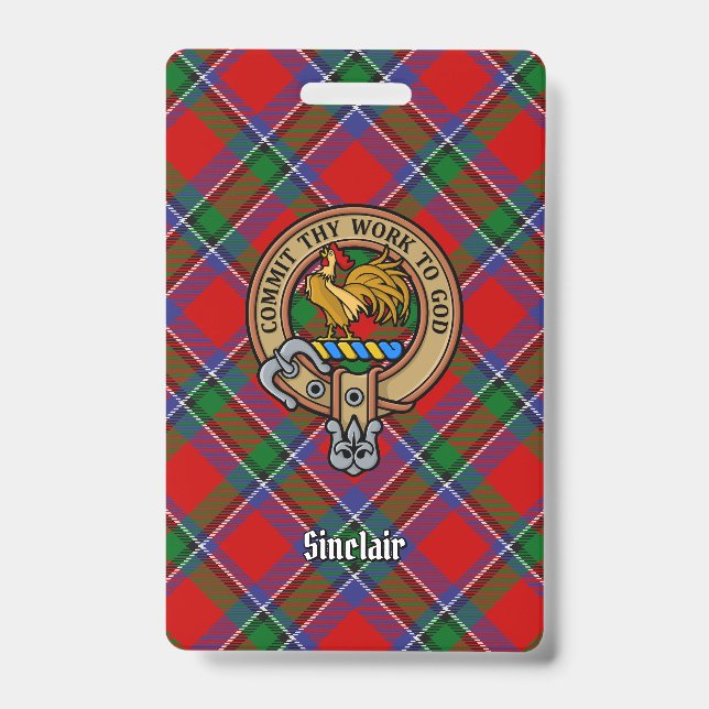 Clan Sinclair Crest over Red Tartan ID Badge (Front)