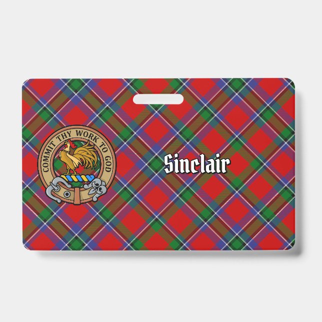 Clan Sinclair Crest over Red Tartan ID Badge (Front)