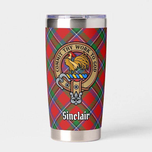 Clan Sinclair Crest over Red Tartan Insulated Tumbler (Front)